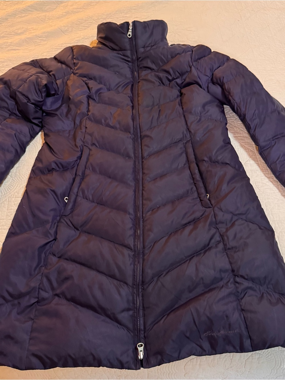 Eddie Bauer Eggplant Long 550 Goose Down Quilted Puffer Coat